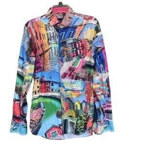Baqchi Shirt Mens Medium‎ Cityscape Graphic Long Sleeve Slim Fit Art Print
